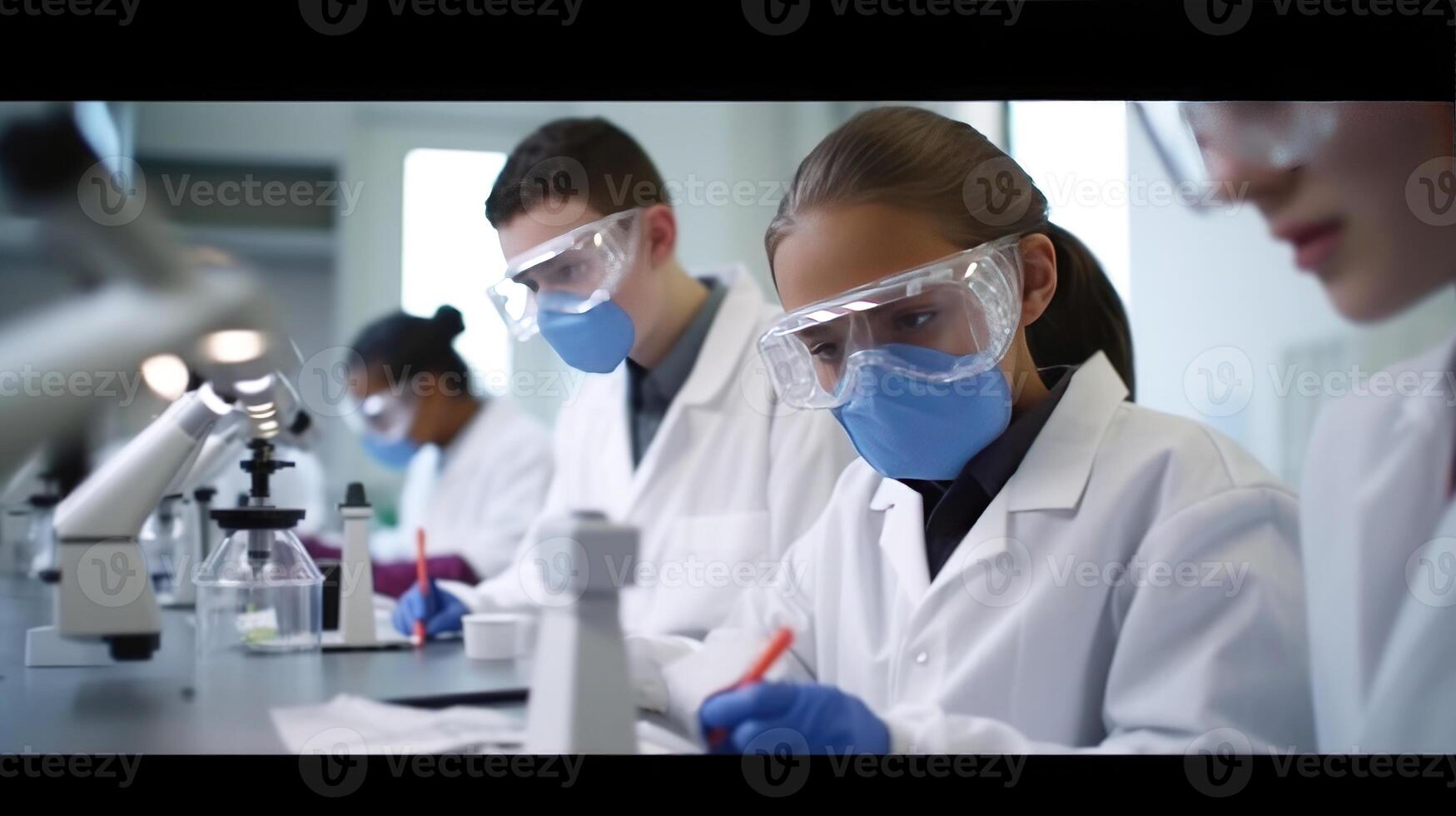 Closeup Portrait of Science Students or Scientists Researching and Learning in a Laboratory, . photo