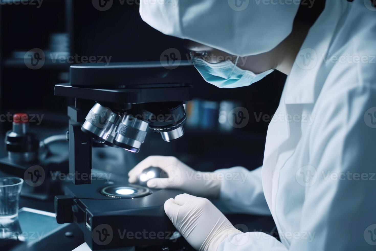 Closeup Portrait of Female Scientist Researching and Learning in a Laboratory, Generative AI. photo