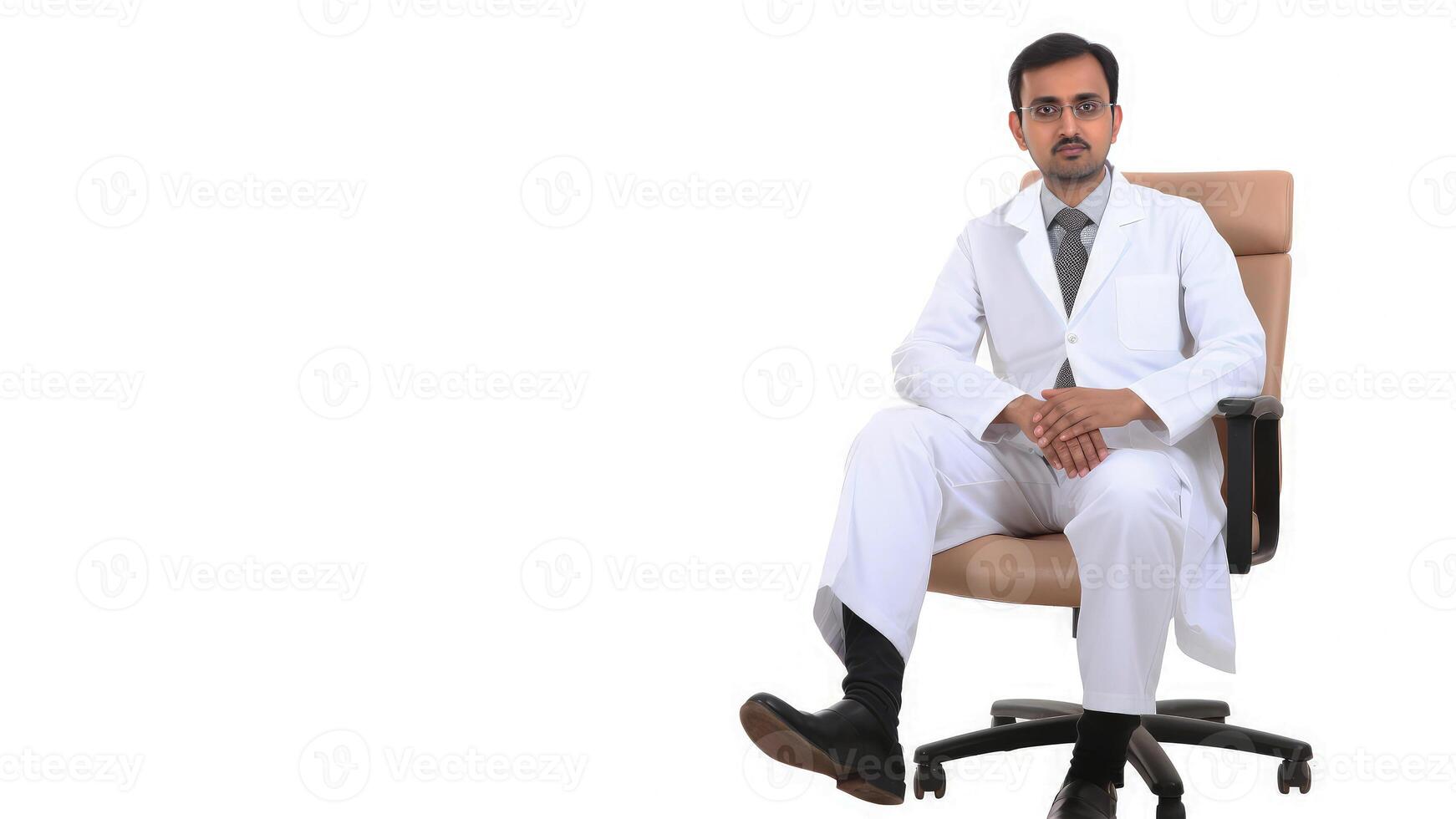 Portrait of Professional Male Doctor or Pharmacist Sitting on Office Chair, . photo