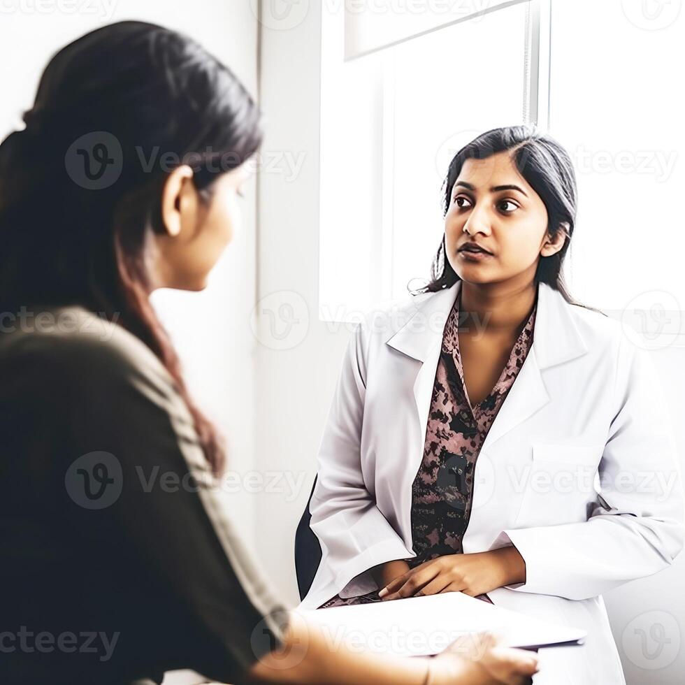 Cropped Image of Female Physician and Patient Sitting at Workplace in Hospital or Clinic. . photo