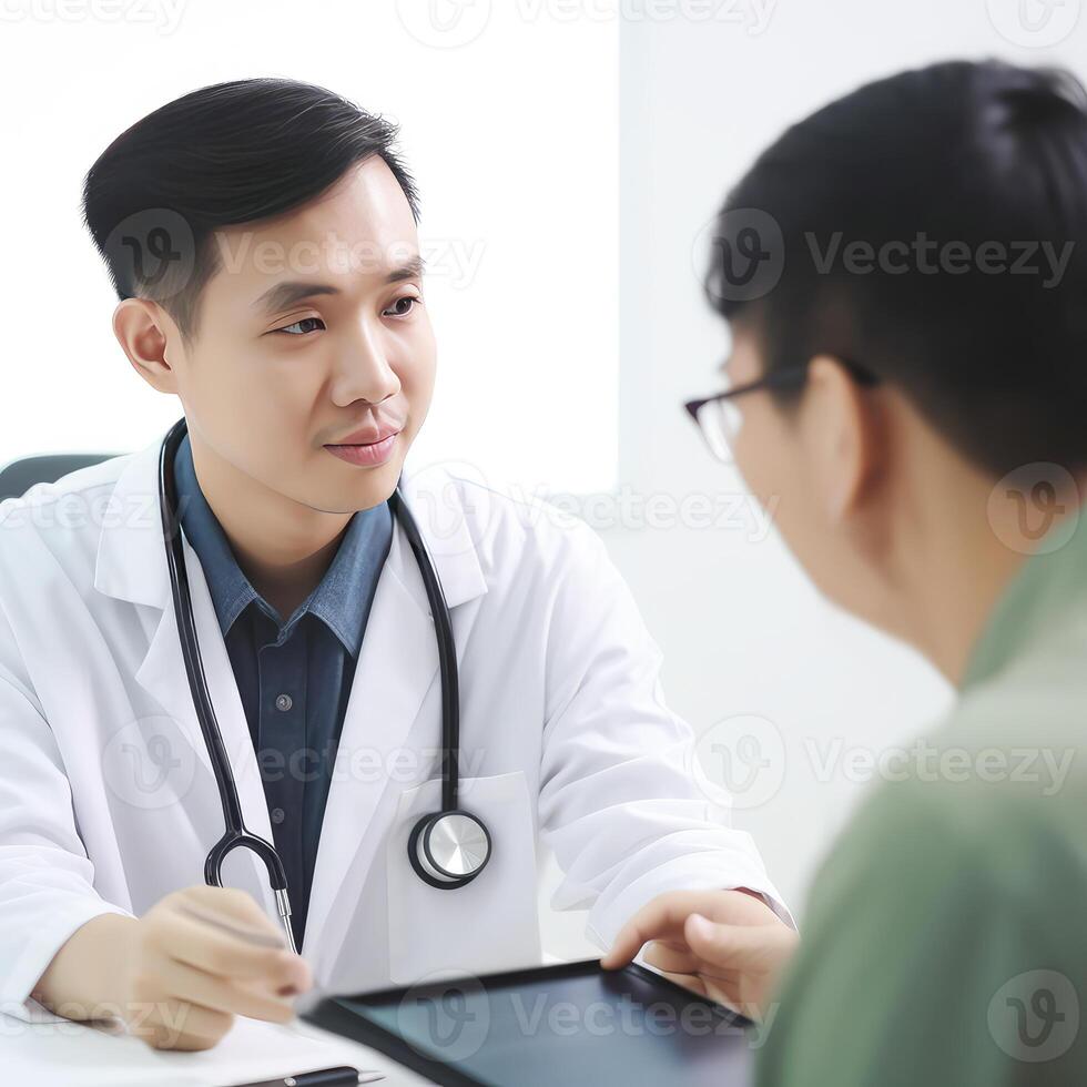 de cerca retrato de asiático masculino médico hablando con paciente a lugar de trabajo en hospital o clínica, generativo ai. foto