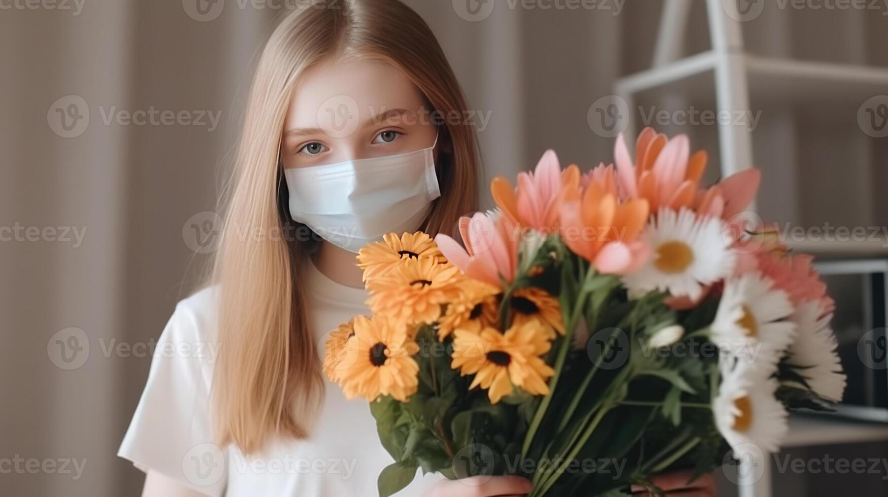 Closeup Portrait of Blonde Hair Teenage Girl Wearing Mask and Holding Floral Bouquet, . photo