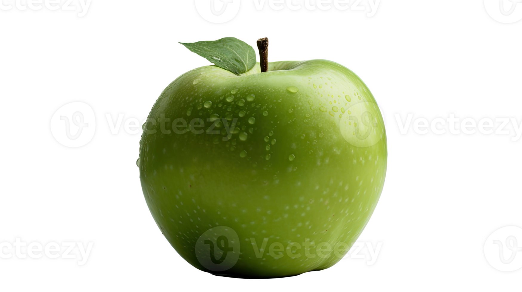 Realistic Green Apple with Droplets of Water on Background, . png