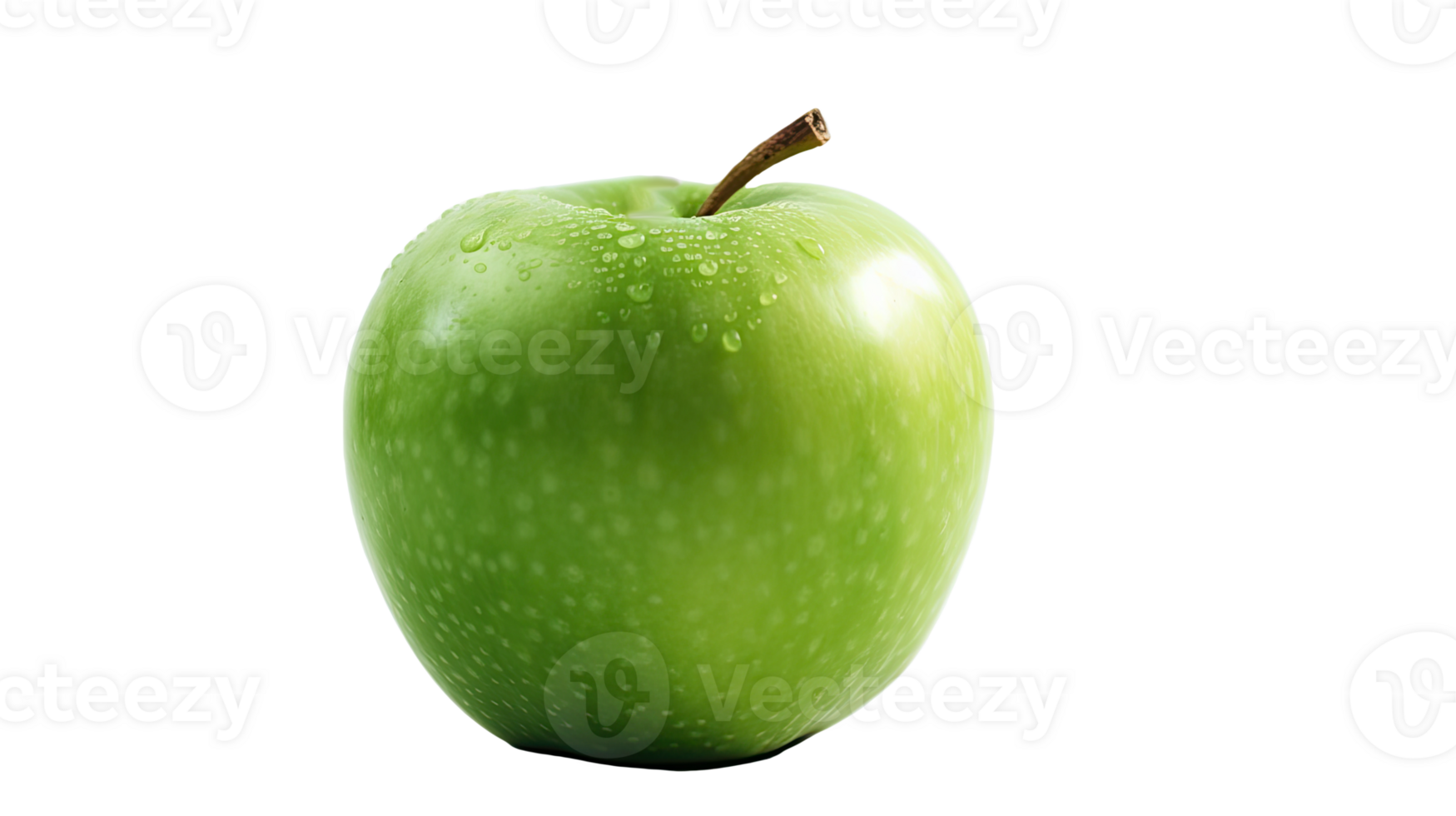 Realistic Green Apple with Droplets of Water on Background, . png