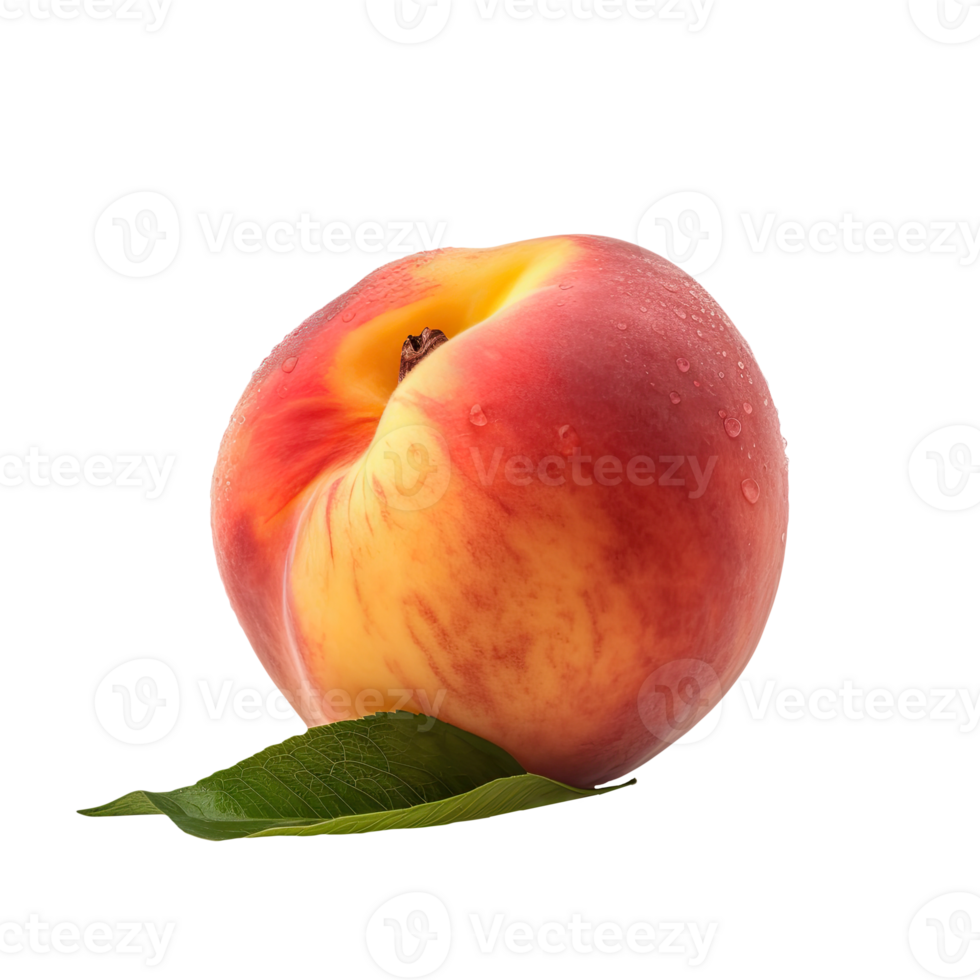 Juicy Ripe Peach with Green Leaf and Water Drop, Isolated on Background. . png