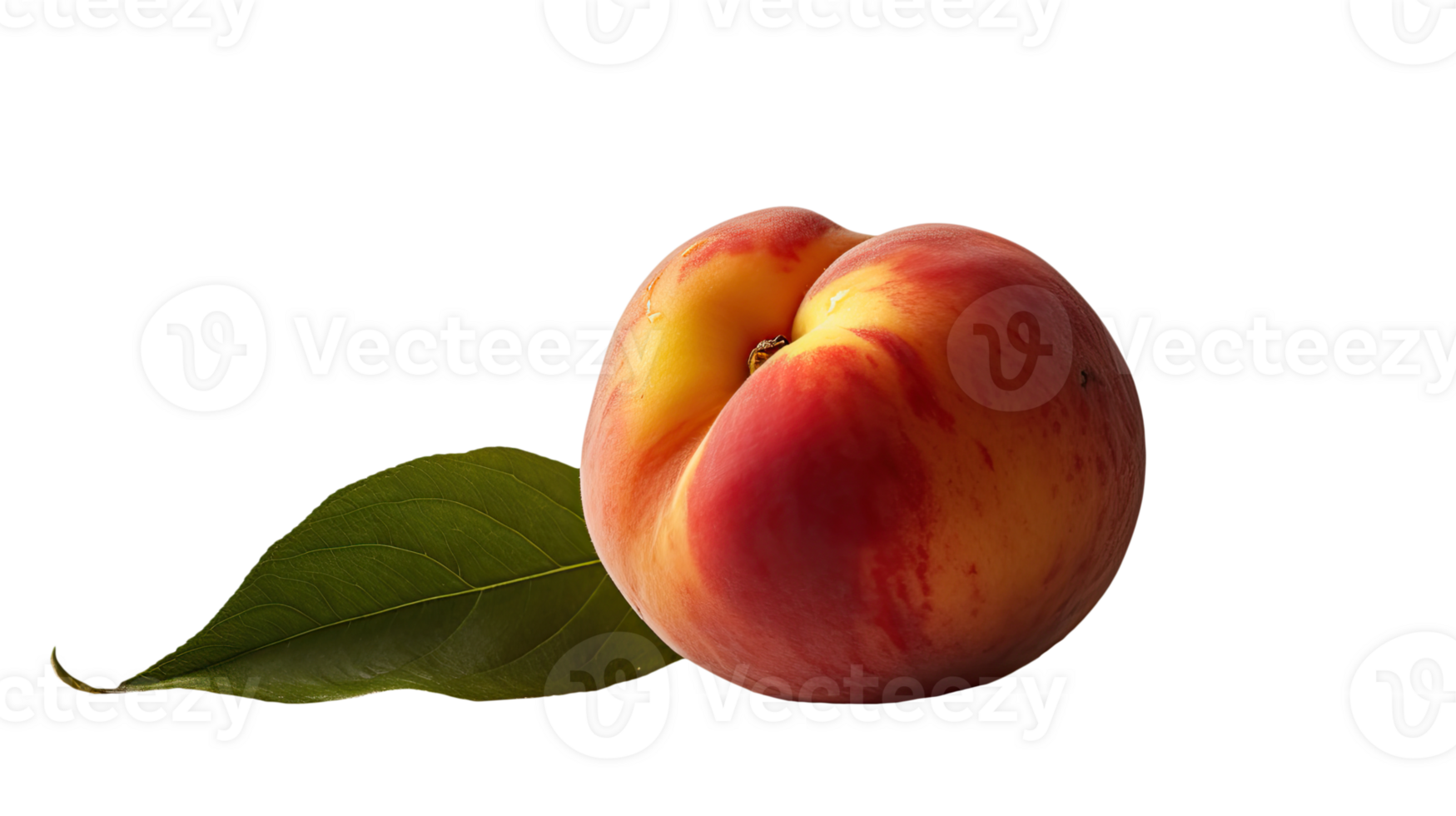 Realistic Ripe Peach with Green Leaf Isolated on Background, . png