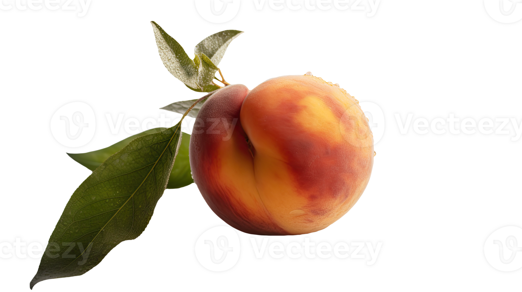 Realistic Ripe Peach with Green Leaf and Water Droplets on Background, . png