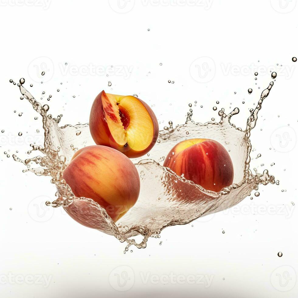 Whole and Cut of Fresh Peach Fruit Splashing into Water Against White Background. Food Levitation, Generative AI. photo
