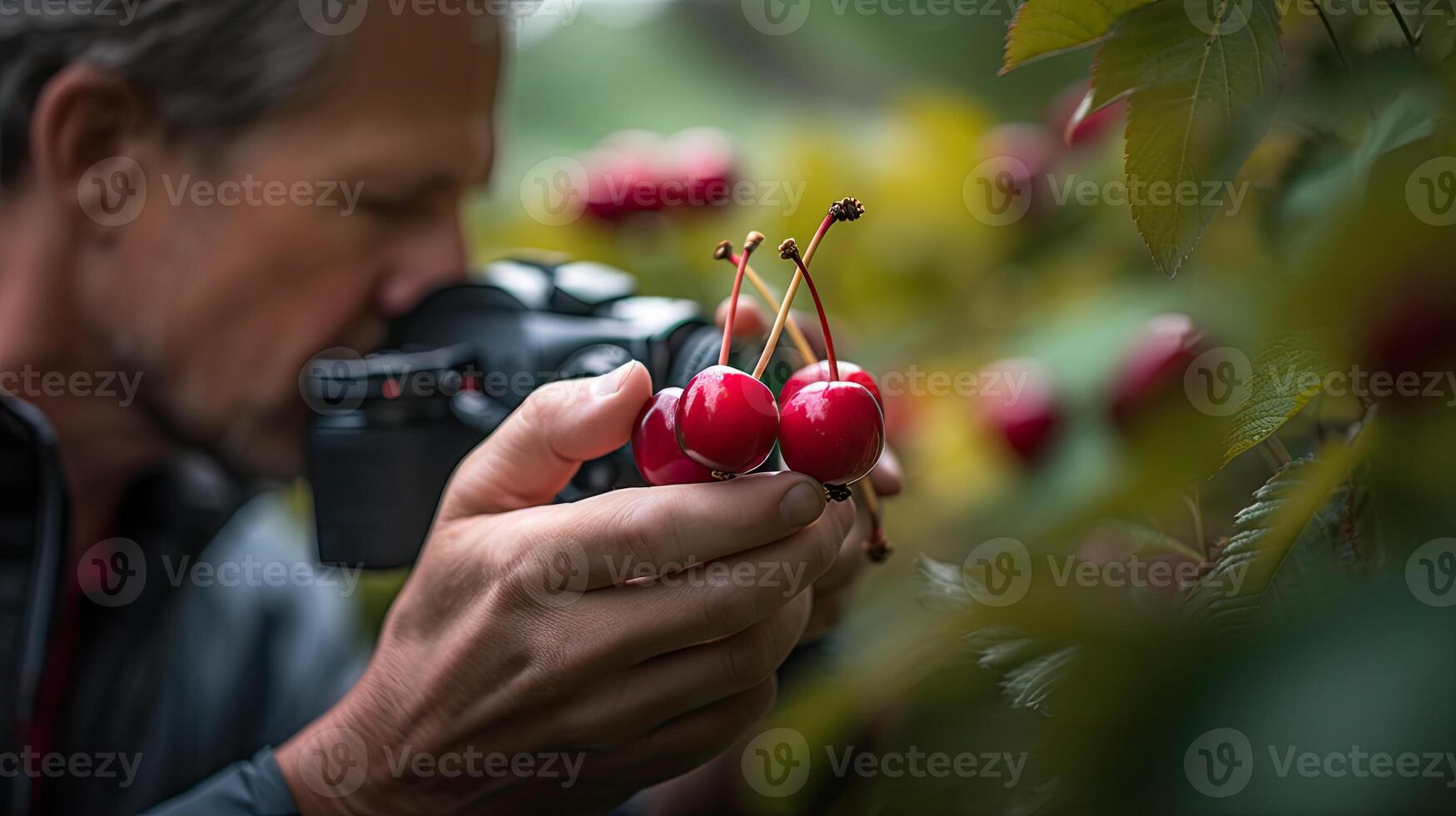 Closeup of Man Capturing Photo of Cherry Fruit from Digital Camera, .