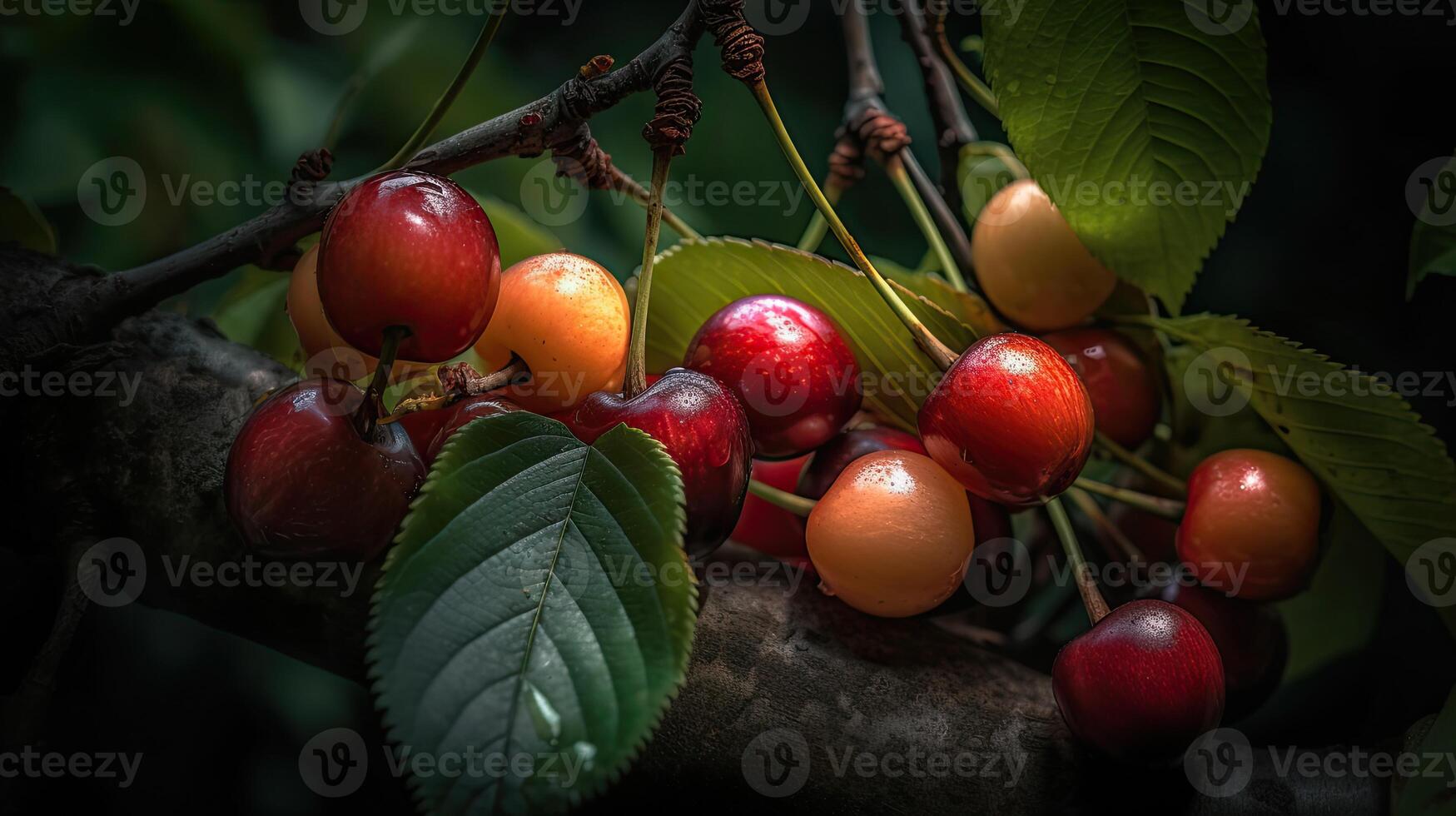 Beautiful Organic Background of Fresh Cherries on Branch, Created By Technology. photo