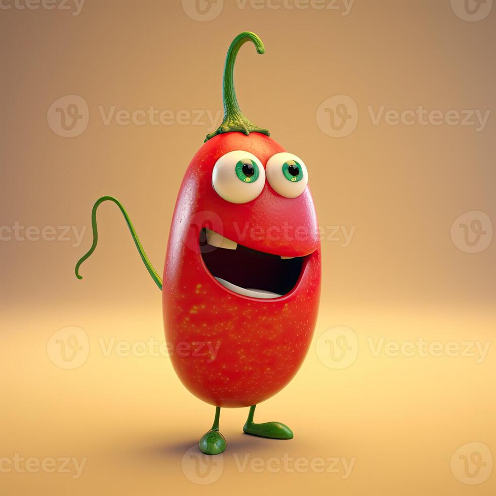 Pixar Style Happy Red Chili 3D Character on Shiny Brown Background. . photo