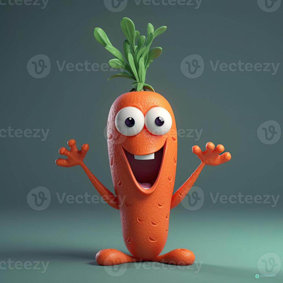 Pixar Style Cheerful Carrot 3D Character on Pastel Green Background. . photo
