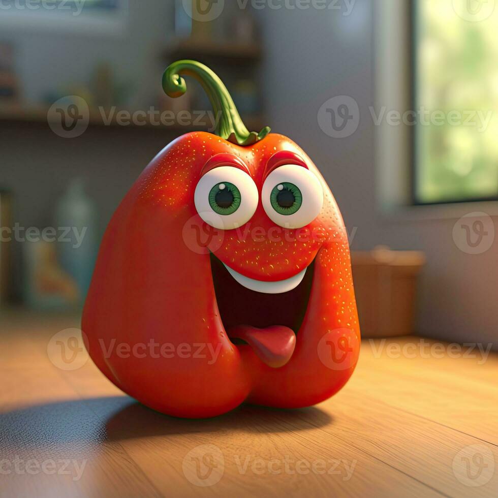 pixar estilo riendo rojo Pimiento 3d personaje a brillante cocina habitación. generativo ai. foto