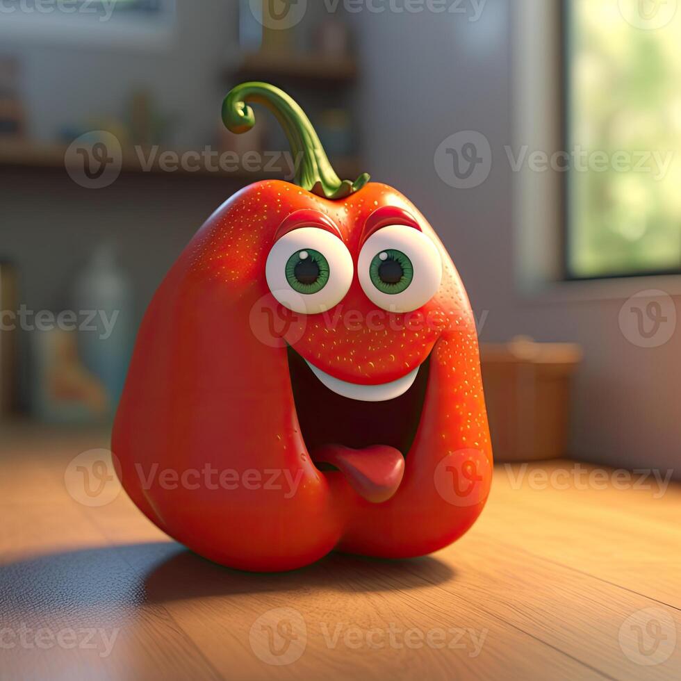 Pixar Style Giggling Red Capsicum 3D Character at Shiny Kitchen Room. . photo