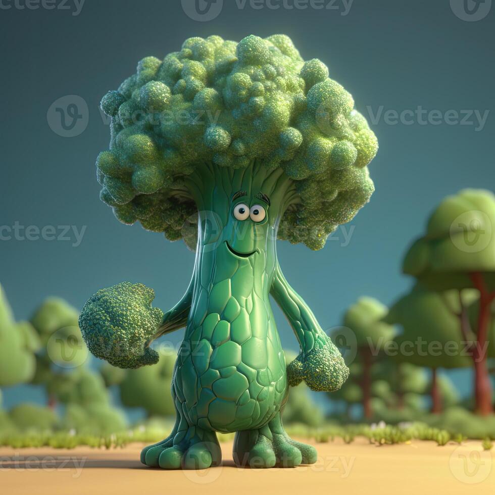 Pixar Style Broccoli 3D Character on Shiny Green Nature Landscape Background. . photo