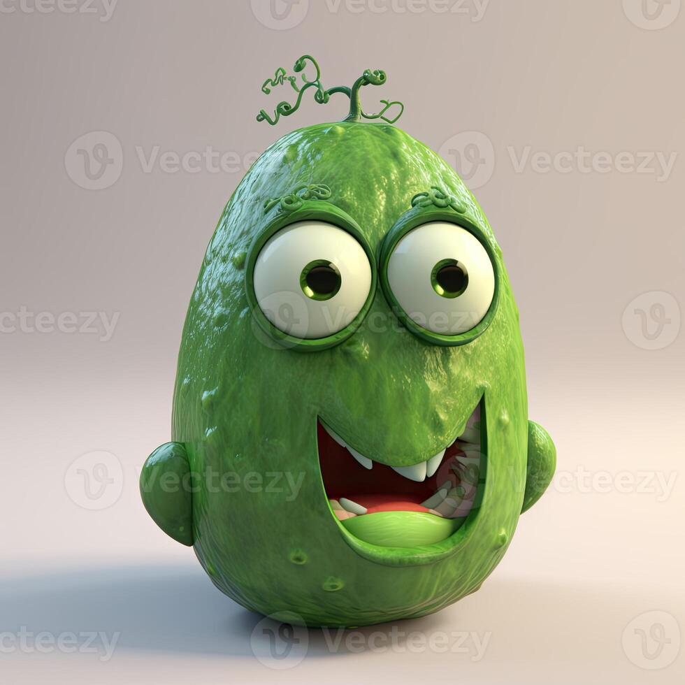 Pixar Style Cucumber 3D Character Isolated on Grey Background. Digital Illustration. photo