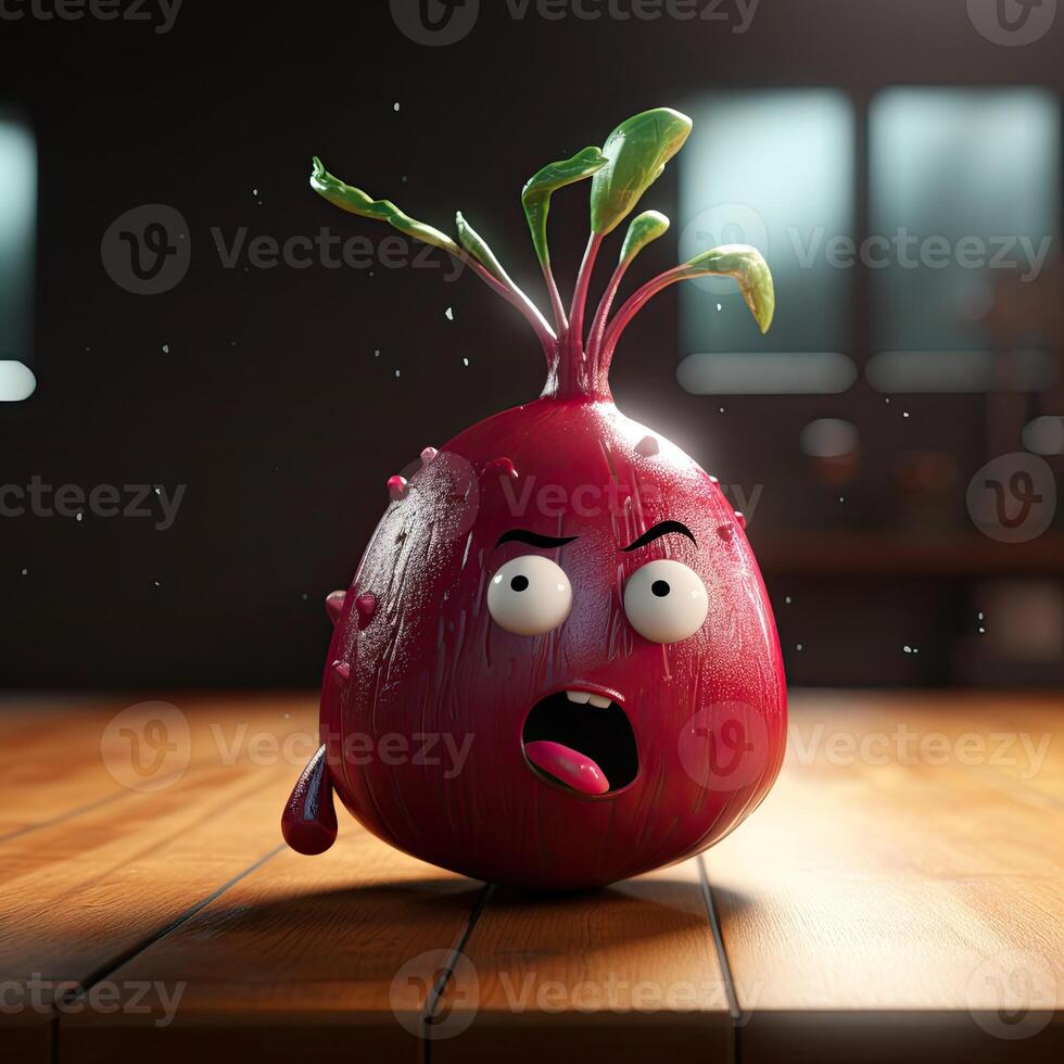 Pixar Style Beetroot 3D Character at Shiny Wooden Plank Background. . photo