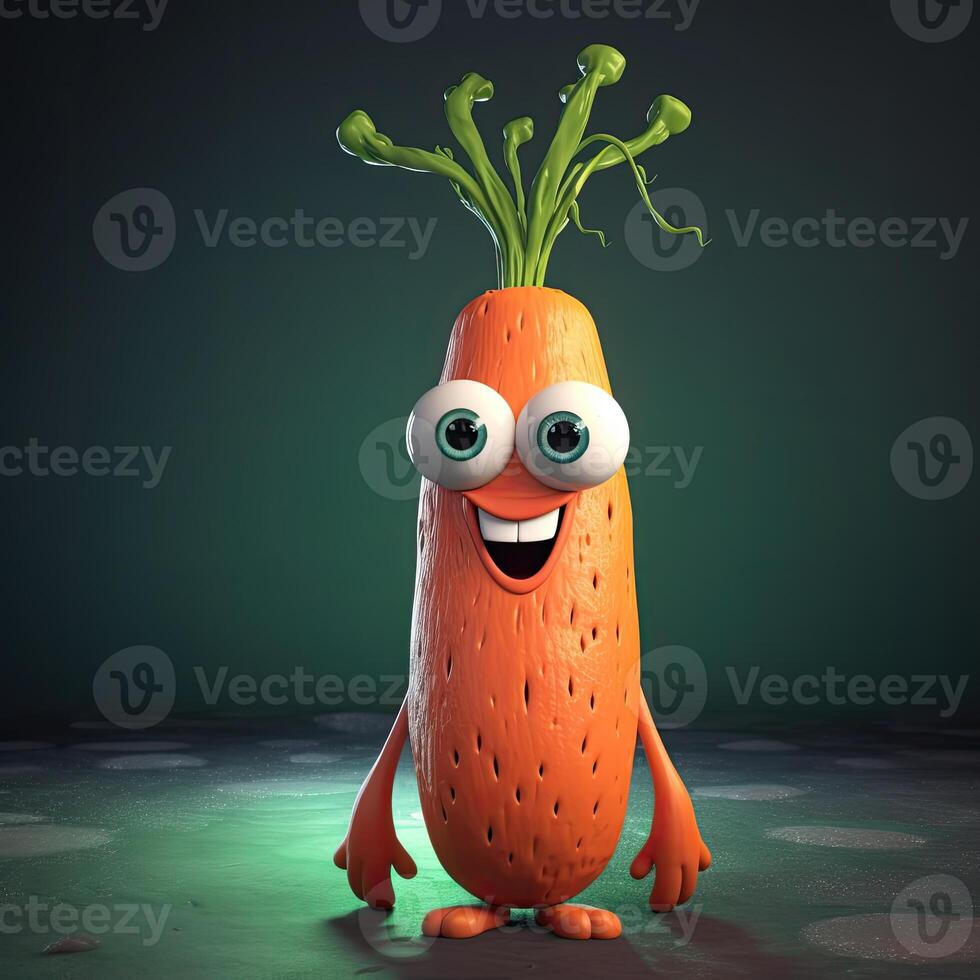 Pixar Style Cute Carrot 3D Character on Shiny Green Background. Generative AI. photo