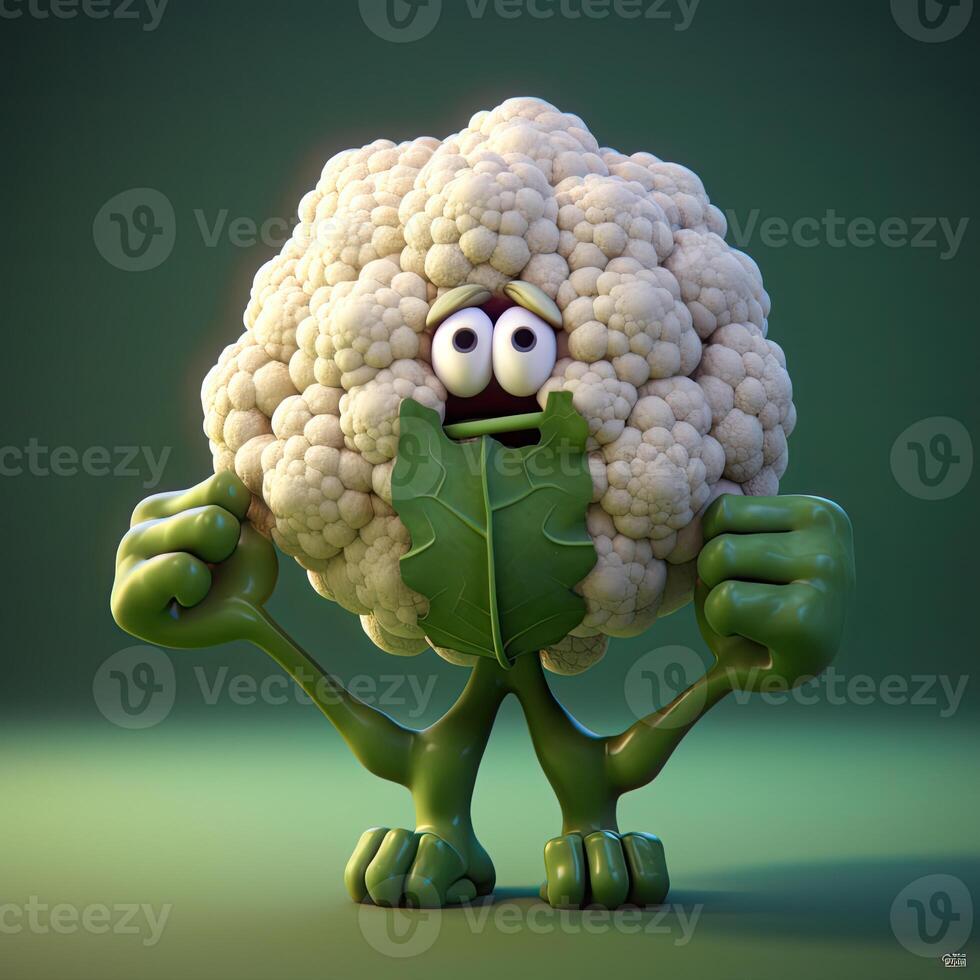 Pixar Style cauliflower 3D Character on Shiny Green Background. . photo