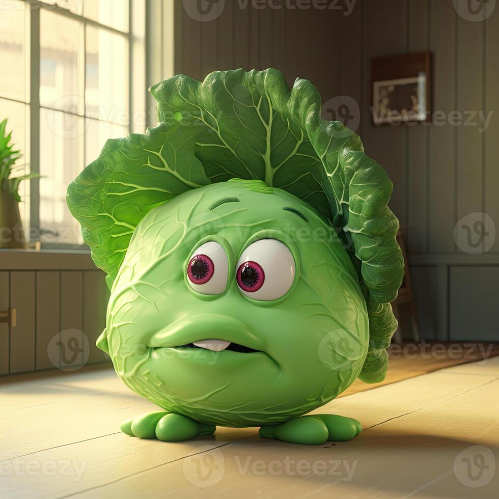 Pixar Style Scary Cabbage 3D Character at Shiny Room. Generative AI. photo