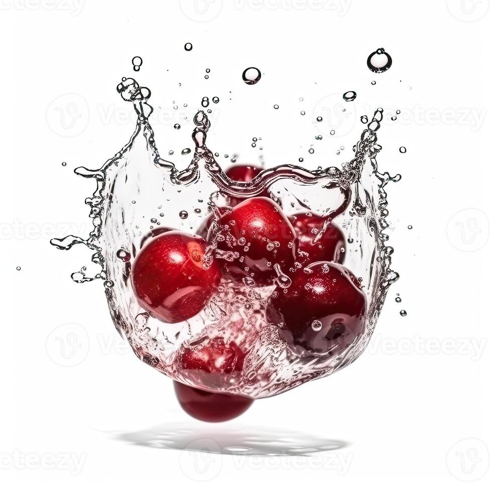 Juicy Fresh Cherry Splashing into Water, Food Levitation. Created By . photo