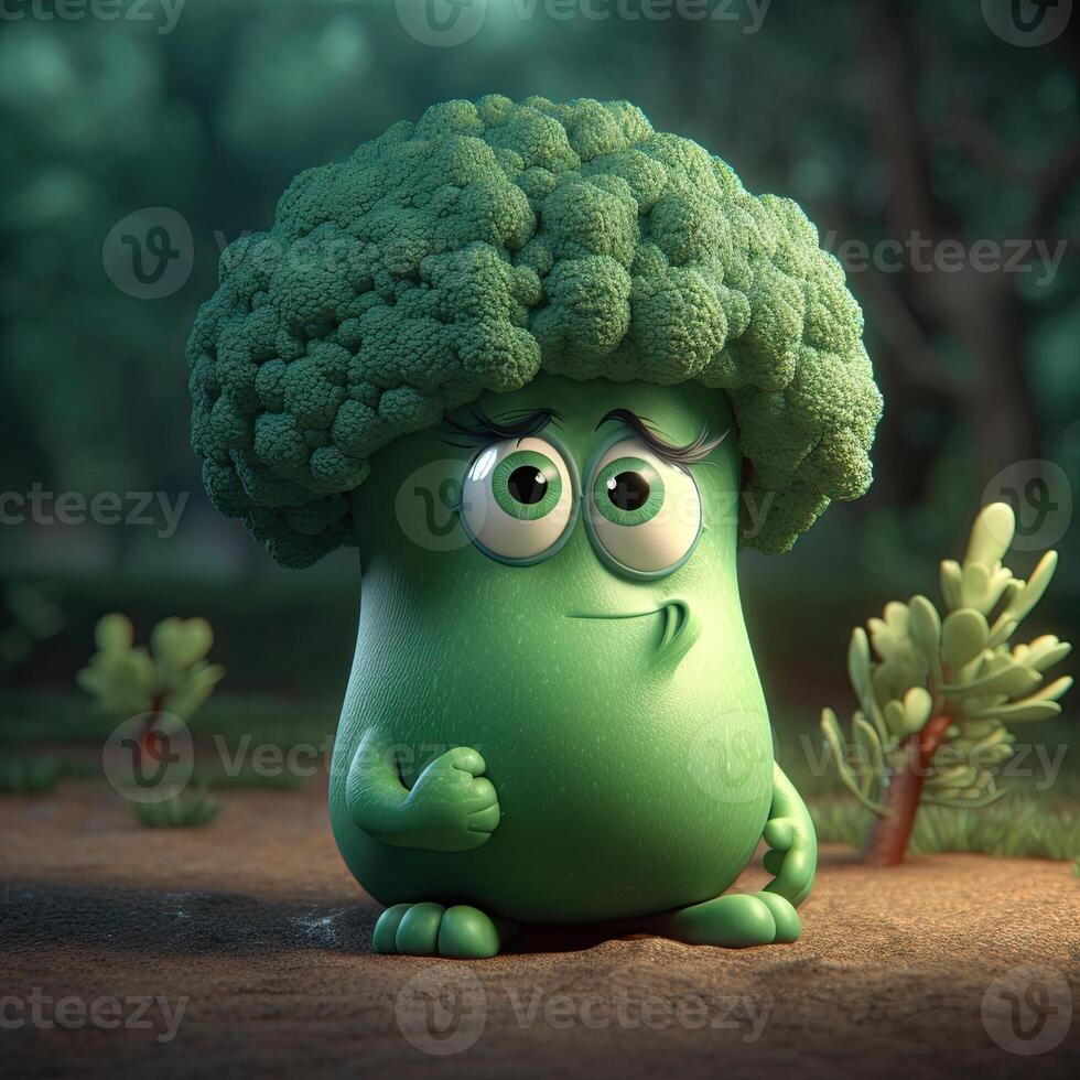 Pixar Style Broccoli 3D Character on Shiny Green Nature Landscape Background. Generative AI. photo