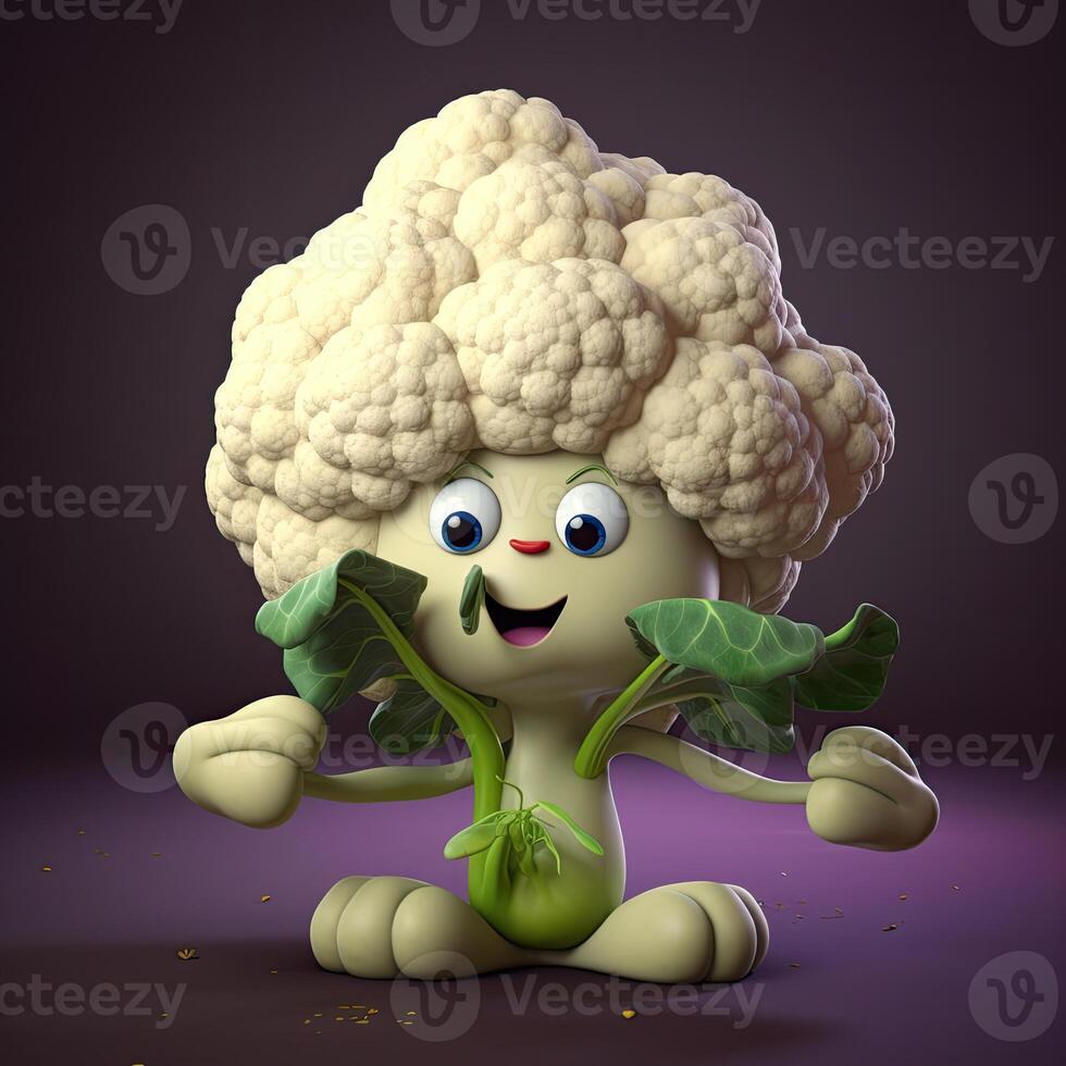 Pixar Style Cheerful Cauliflower 3D Character on Purple Background. . photo