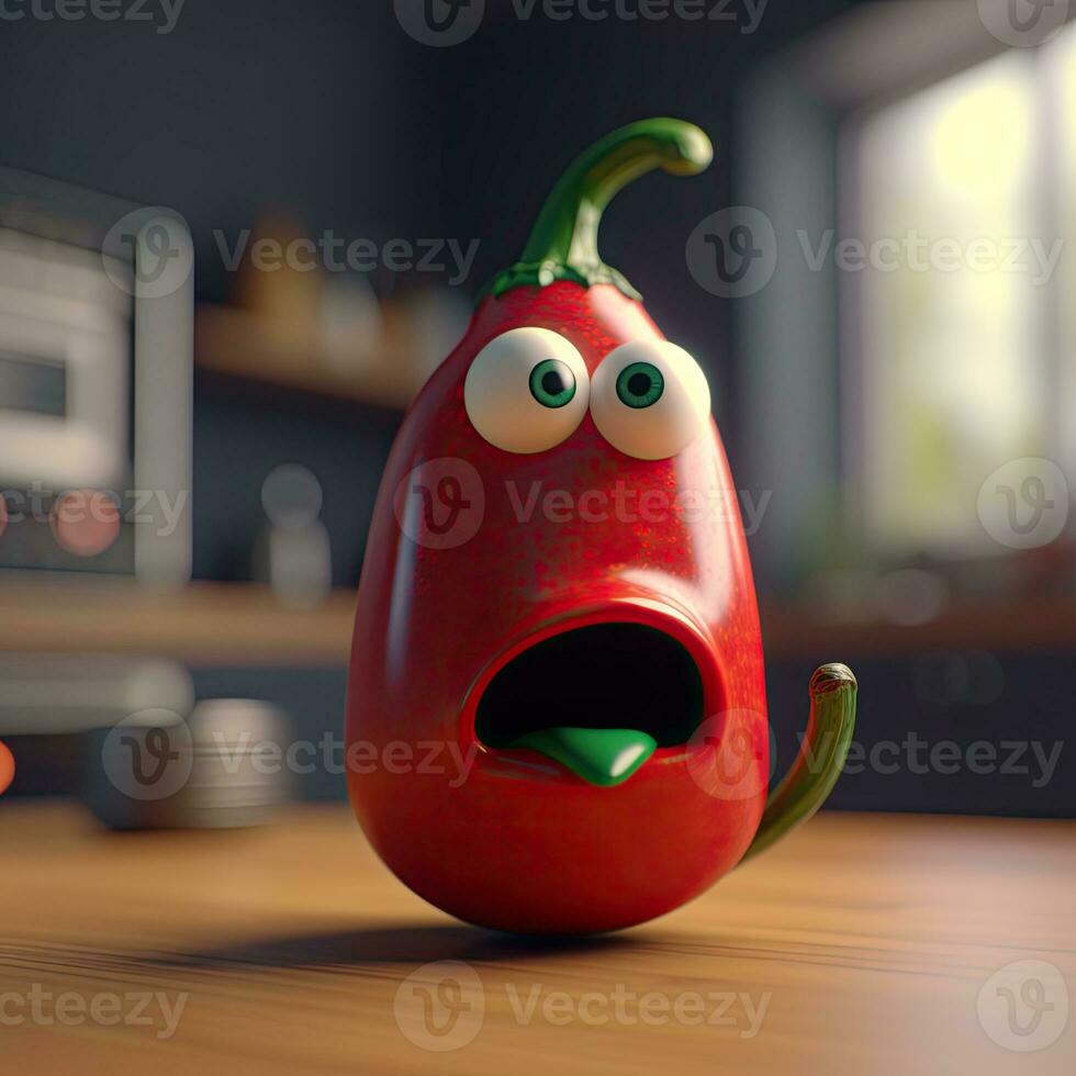 pixar estilo abierto boca rojo chile 3d personaje a brillante cocina habitación. generativo ai. foto