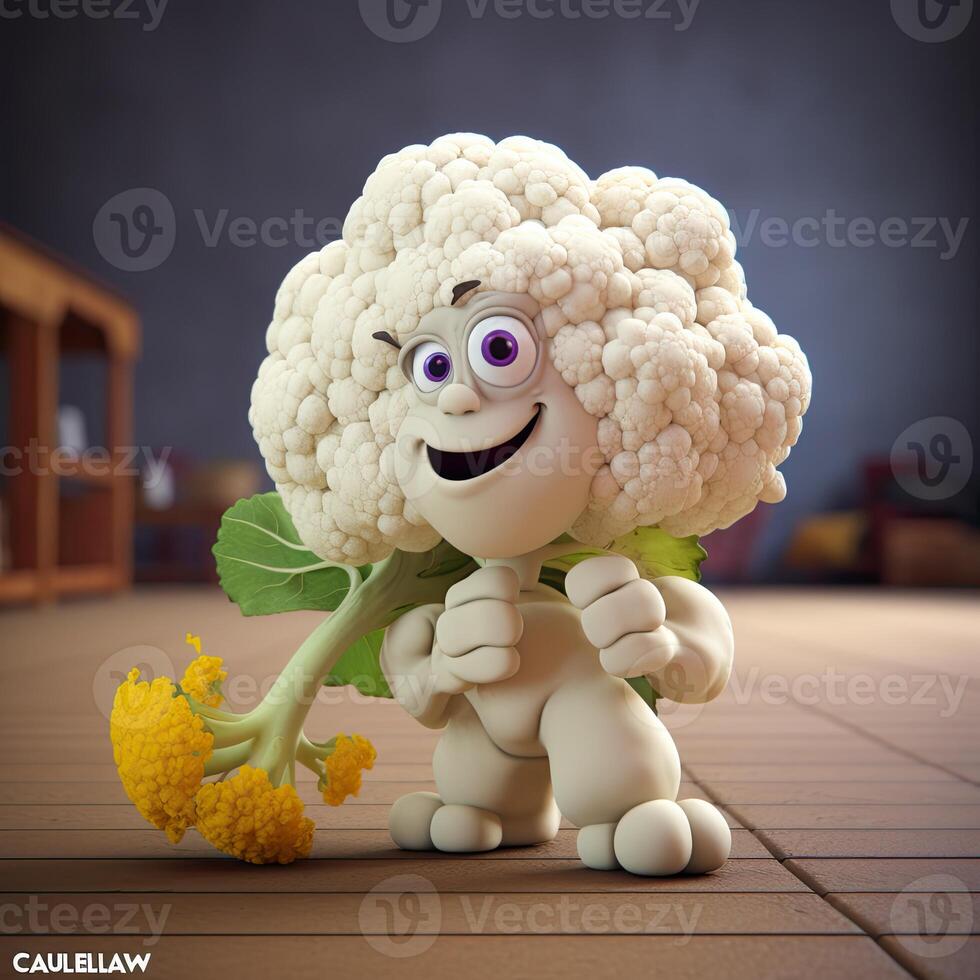 pixar estilo coliflor 3d personaje con amarillo flor a brillante habitación. generativo ai. foto