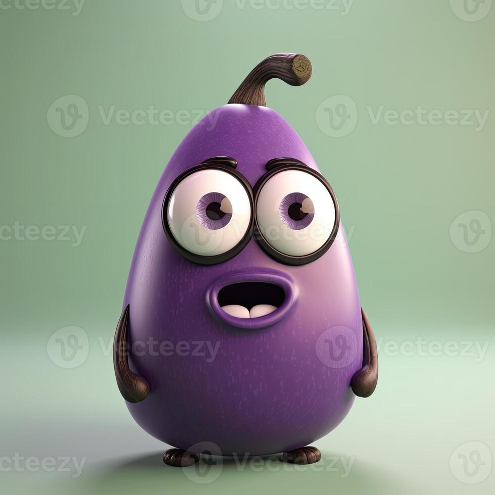 Pixar Style Eggplant 3D Character on Shiny Pastel Green Background. . photo