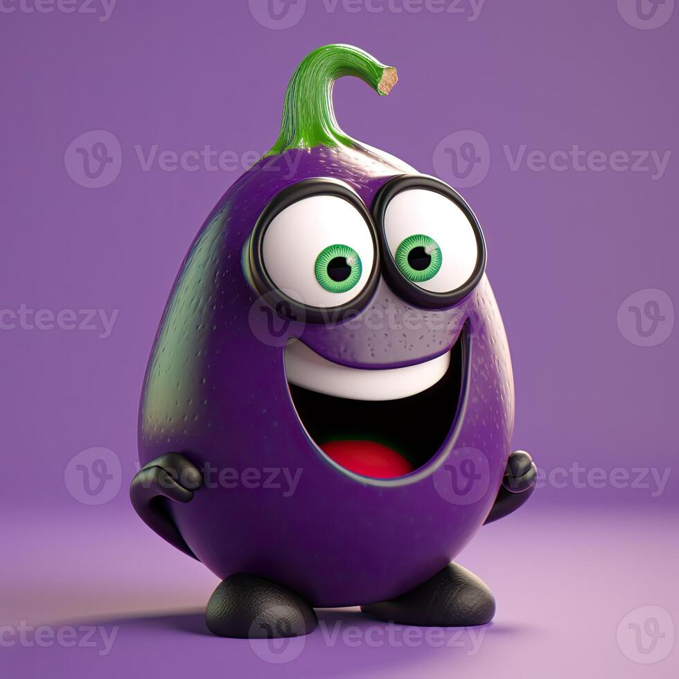 Pixar Style Giggling Eggplant 3D Character on Purple Background. Digital Illustration. photo