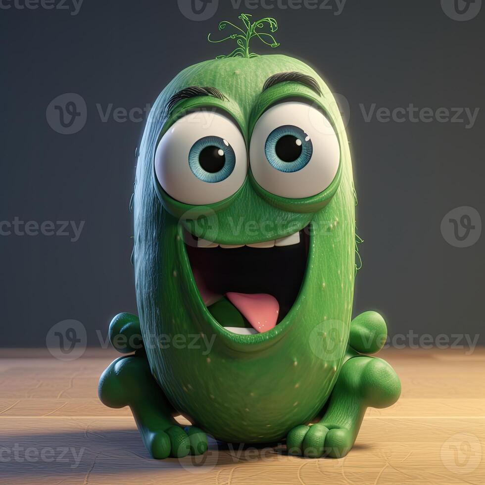 Pixar Style Giggling Cucumber 3D Character on Brown and Grey Background. Digital Illustration. photo