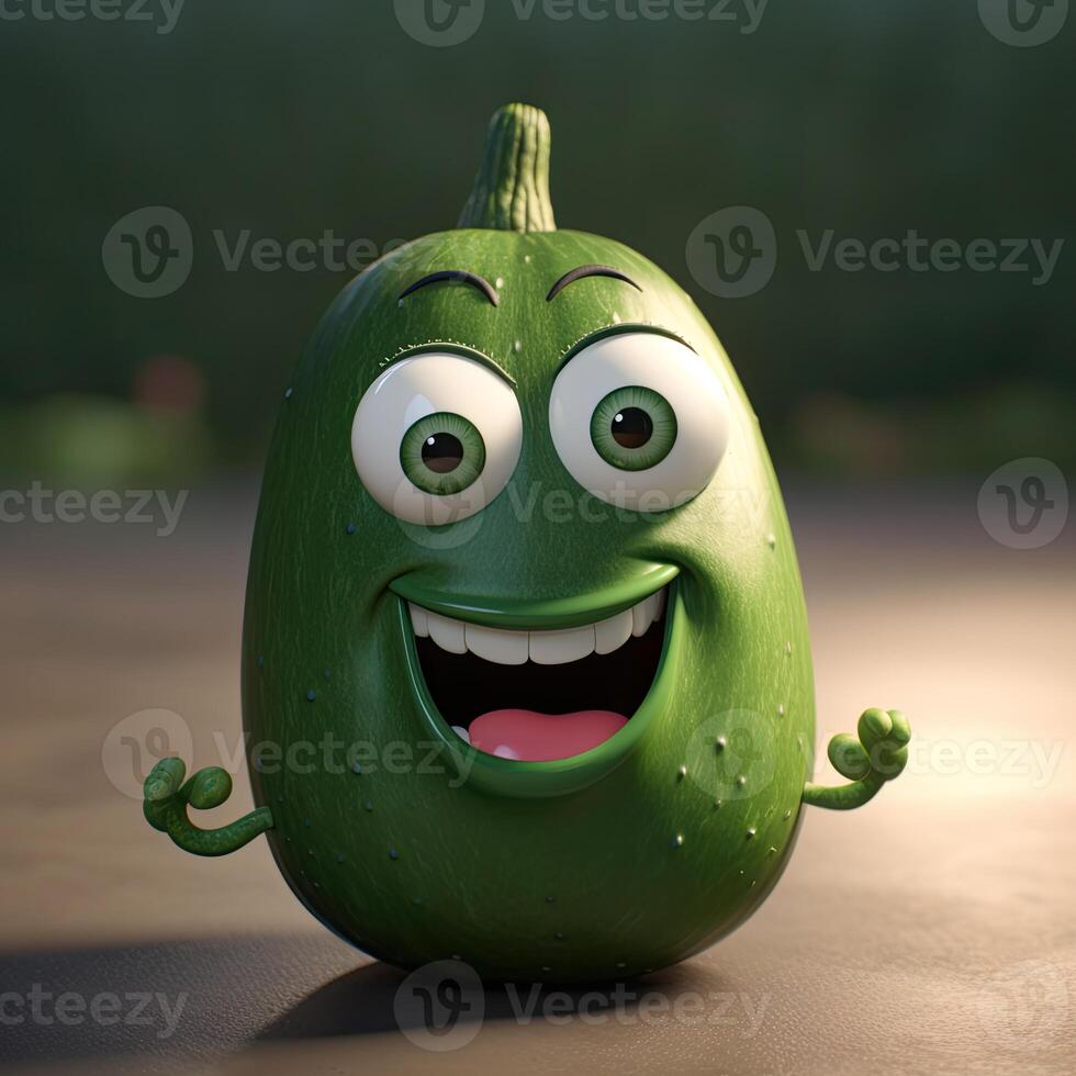 Pixar Style Cucumber 3D Character on Shiny Green Background. . photo