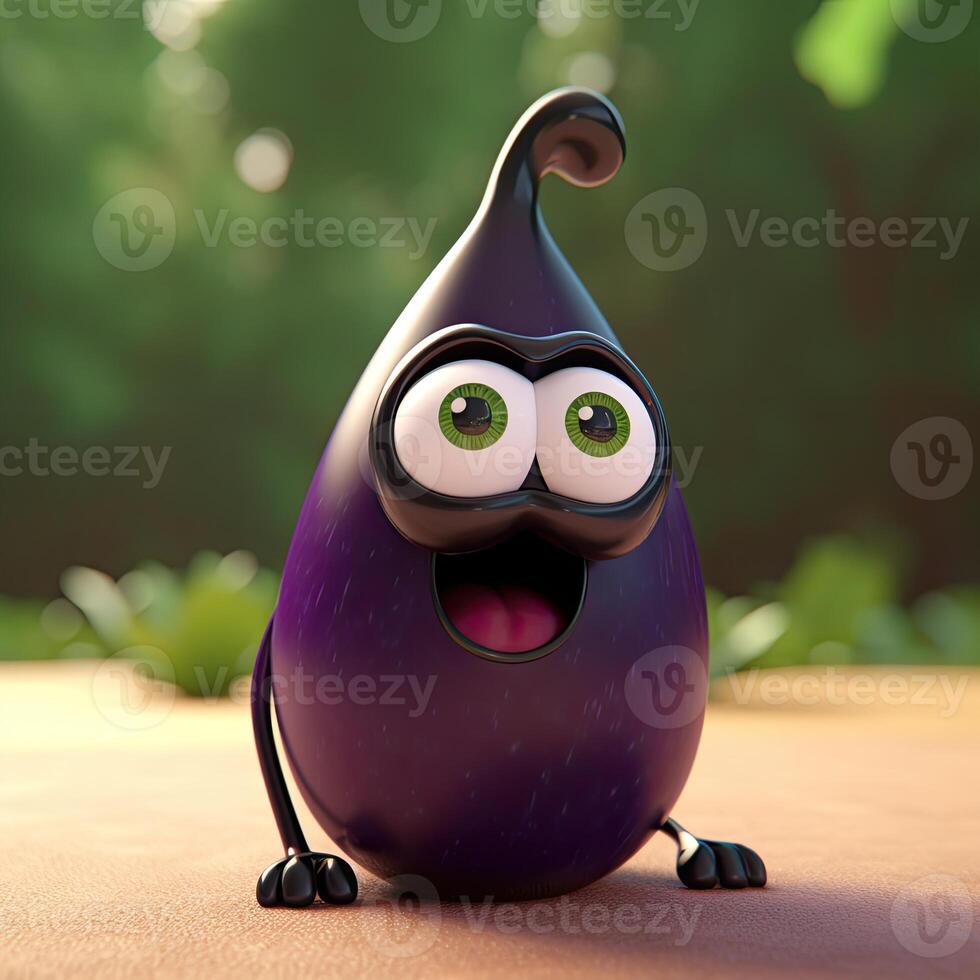 Pixar Style Giggling Eggplant 3D Character on Shiny Nature Background. Digital Illustration. photo