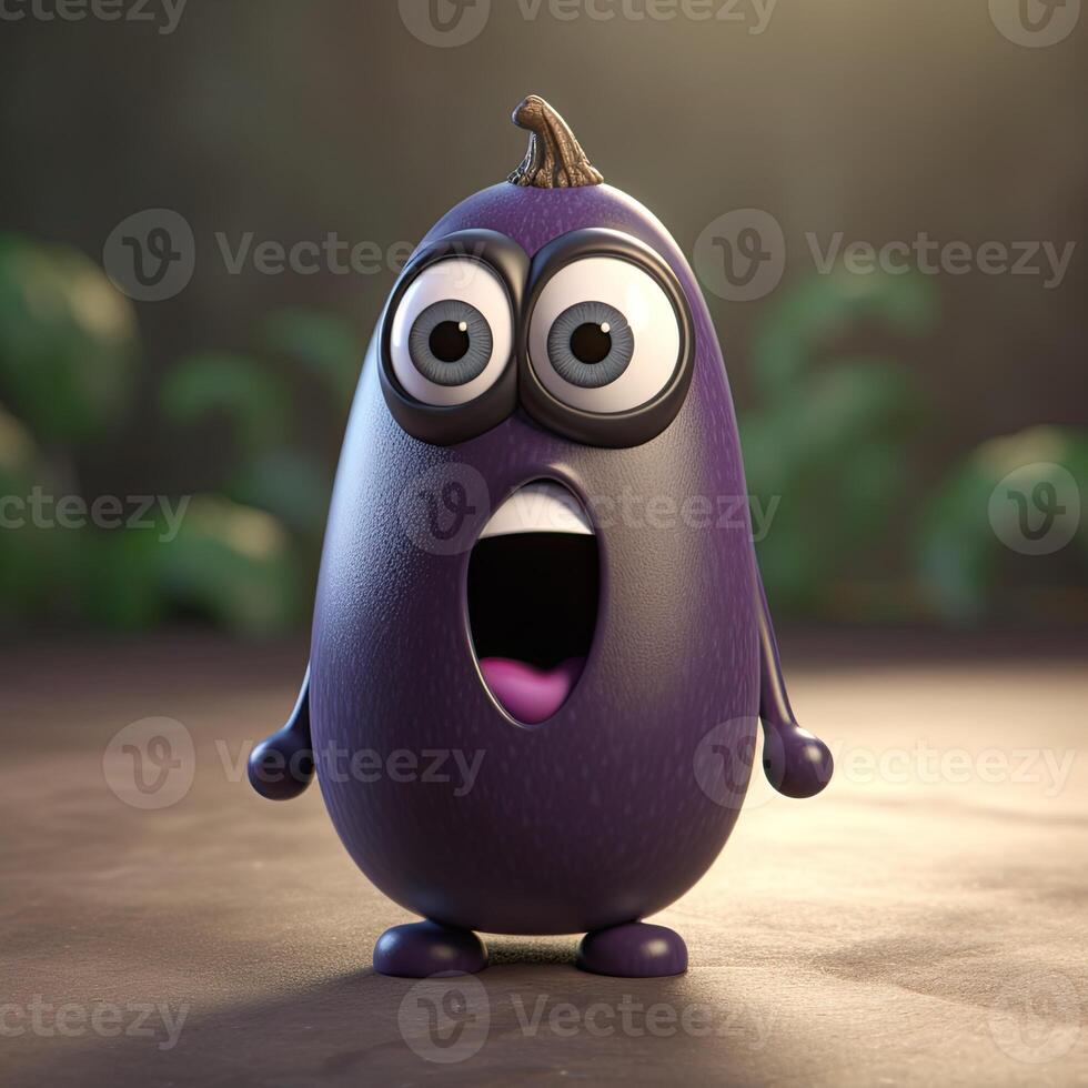 Pixar Style Shouting Eggplant 3D Character on Shiny Nature Background. Digital Illustration. photo