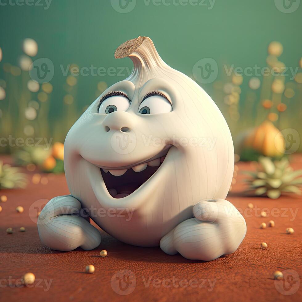 Pixar Style Happy Garlic 3D Character on Shiny Farming Background. . photo