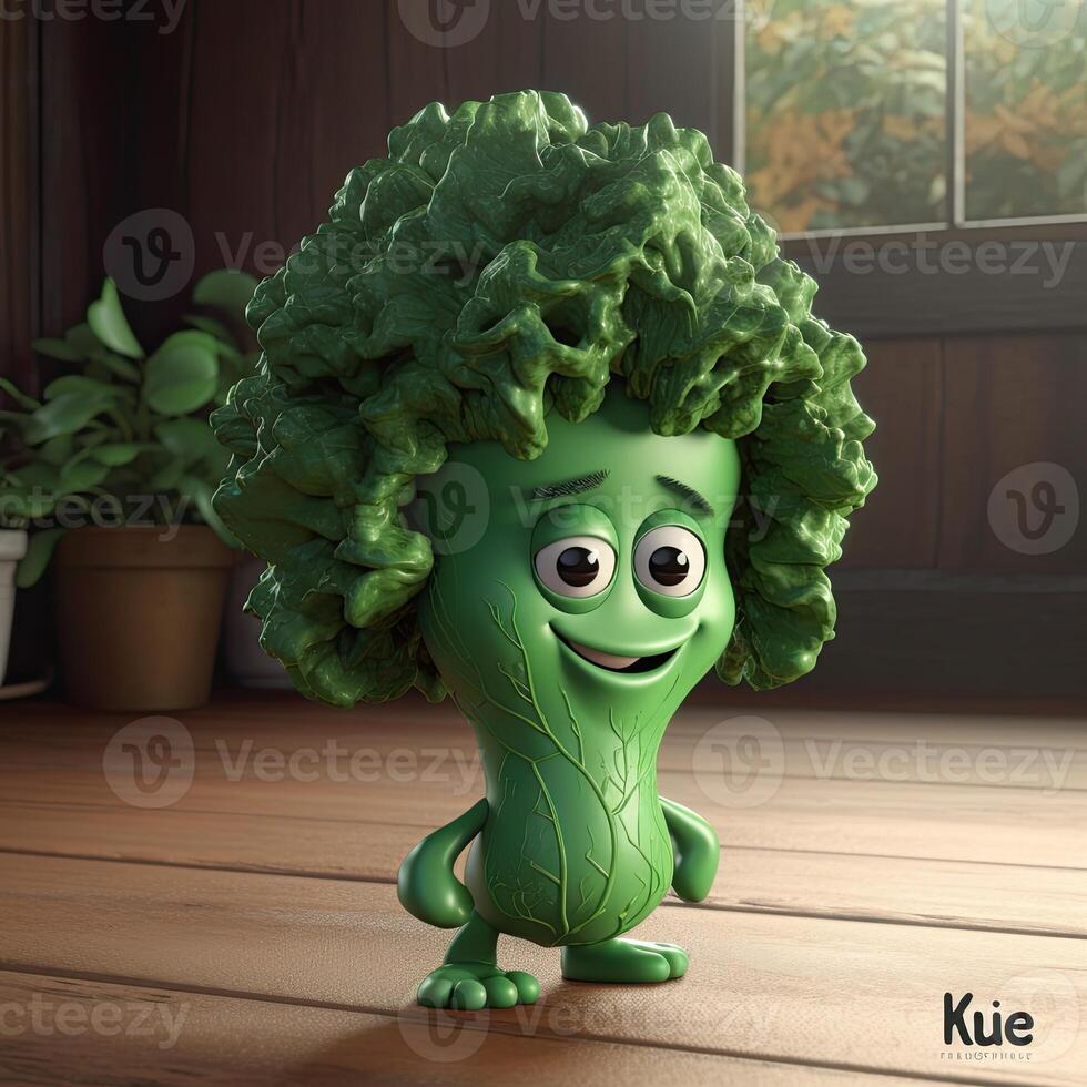 Pixar Style Old Kale 3D Character with Potted Plants on Shiny Wooden Room. Digital Illustration. photo