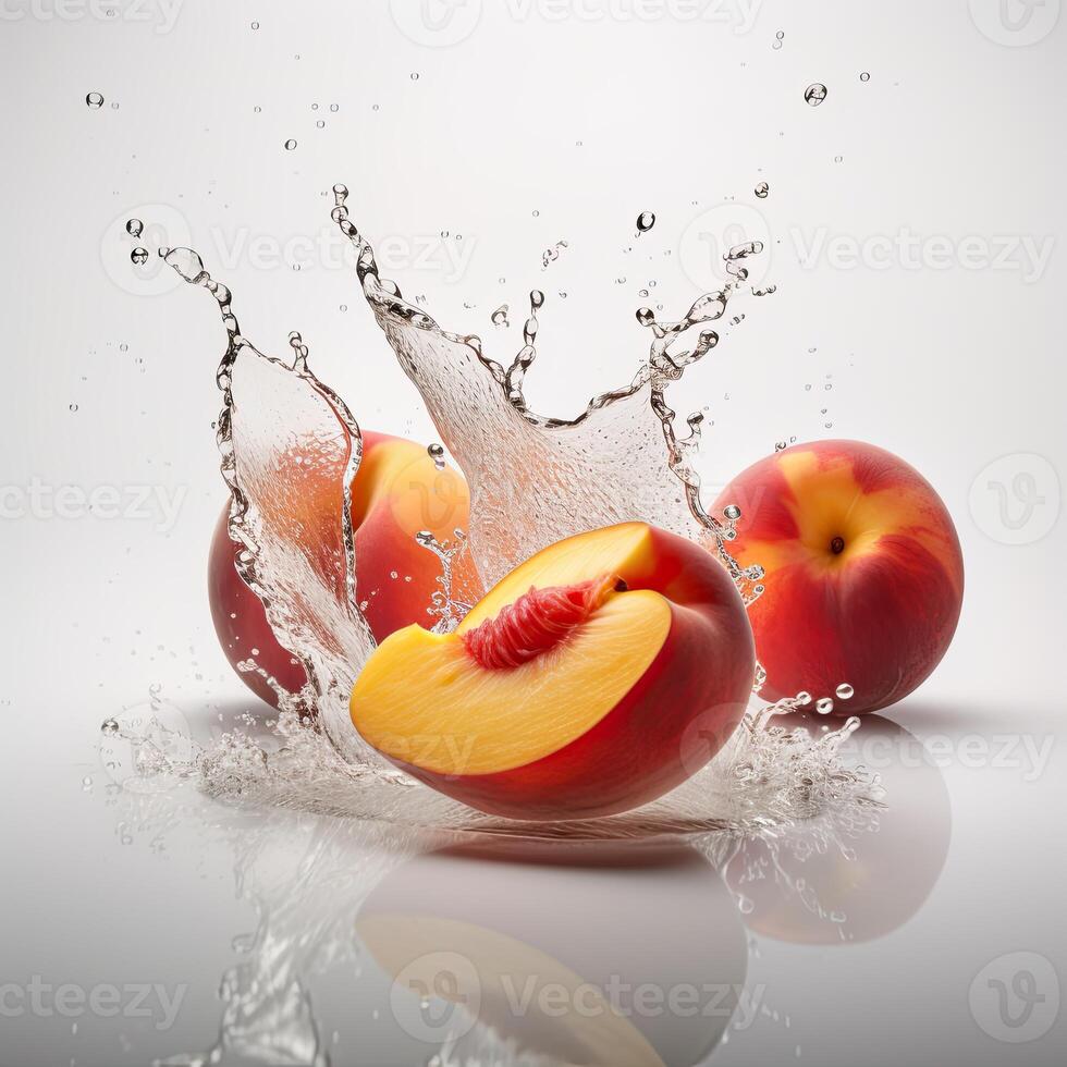 todo y cortar de Fresco melocotón Fruta salpicaduras dentro agua en contra blanco antecedentes. comida levitación, generativo ai. foto