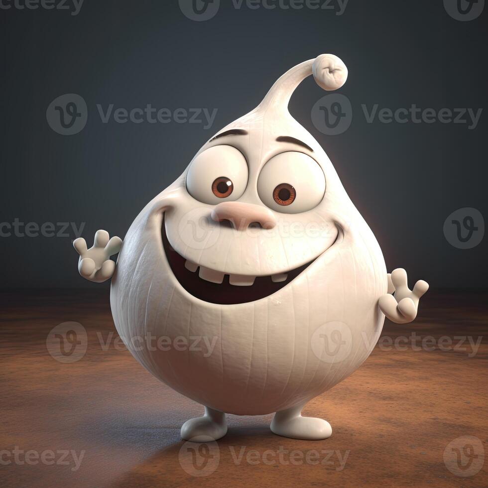 Pixar Style Happy Garlic 3D Character on Brown and Slate Grey Background. . photo