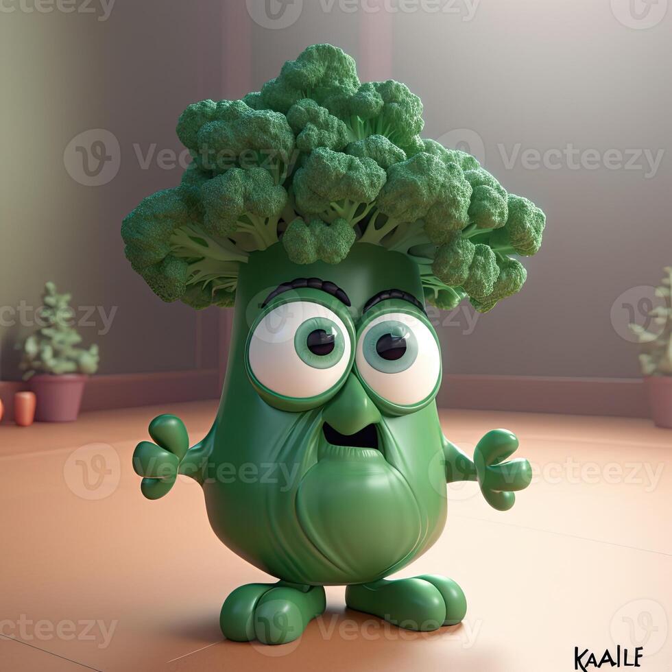 Pixar Style Old Kale 3D Character with Potted Plants on Shiny Background. Digital Illustration. photo