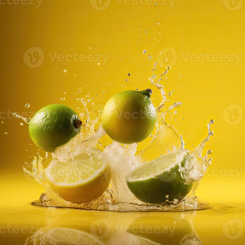 Whole and Cut of Lemon and Lime Floating into Water, Food Levitation. . photo