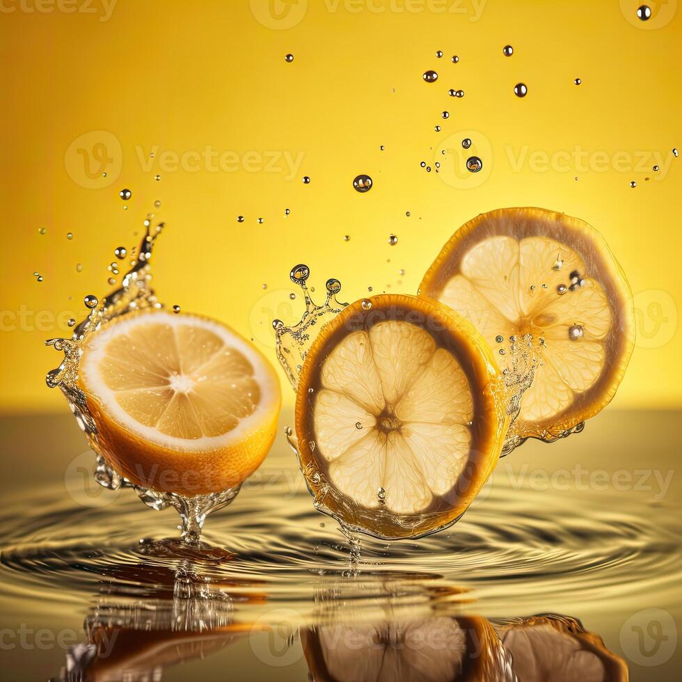 Slices of Lemon Floats in Water Against Yellow Background, Technology. photo