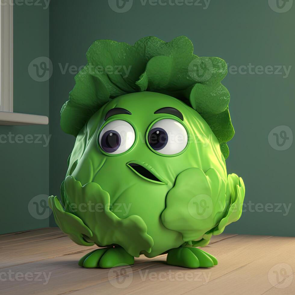 Pixar Style Cute Cabbage 3D Character Standing on Green Room. . photo