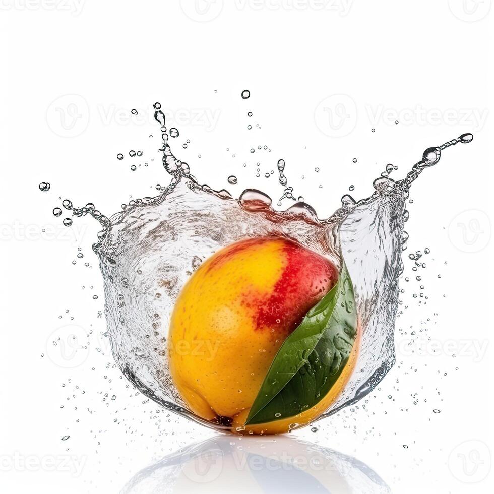 Juicy Fresh Mango Splashing into Water Against White Background, Technology. photo