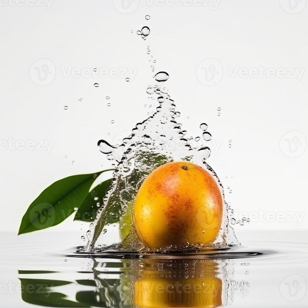 Juicy Fresh Mango Splashing into Water Against White Background, Technology. photo