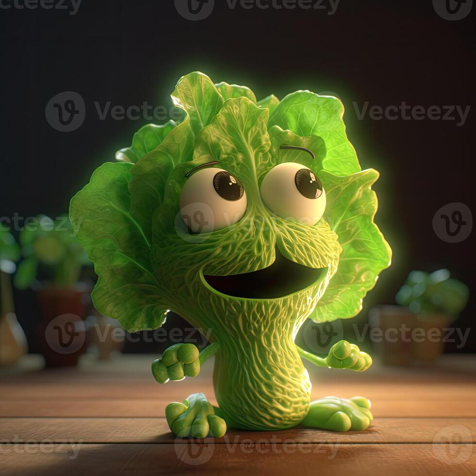 pixar estilo contento lechuga 3d personaje con en conserva planta en marrón de madera antecedentes. generativo ai. foto