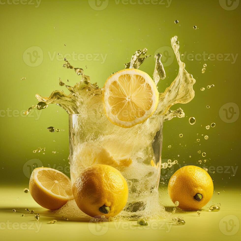 Water Splashing into a Glass with Lemon on Yellow Background, Technology. photo