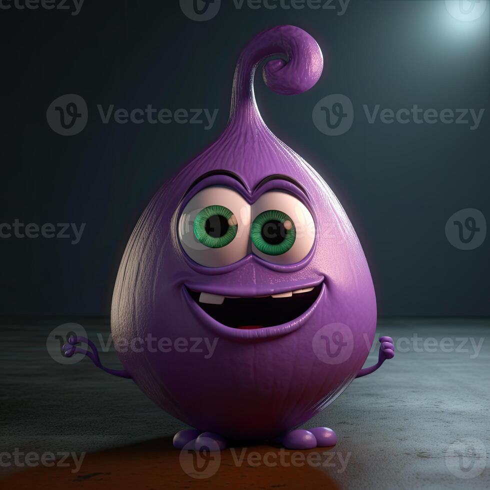 Pixar Style Happy Onion 3D Character on Shiny Slate Blue Background. . photo