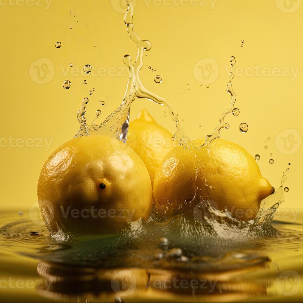 Whole Lemon Floats in Water Against Yellow Background, Technology. photo