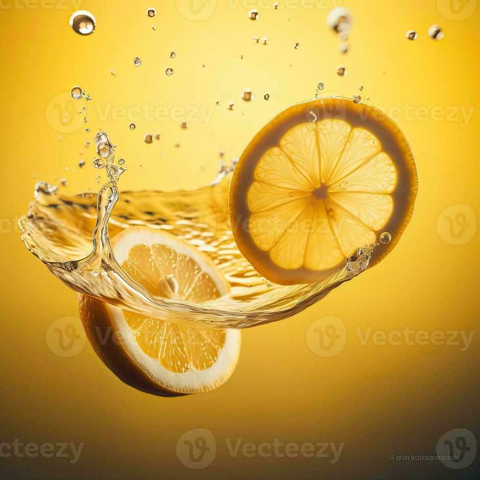 rebanadas de limón flotadores en agua en contra amarillo fondo, generativo ai tecnología. foto